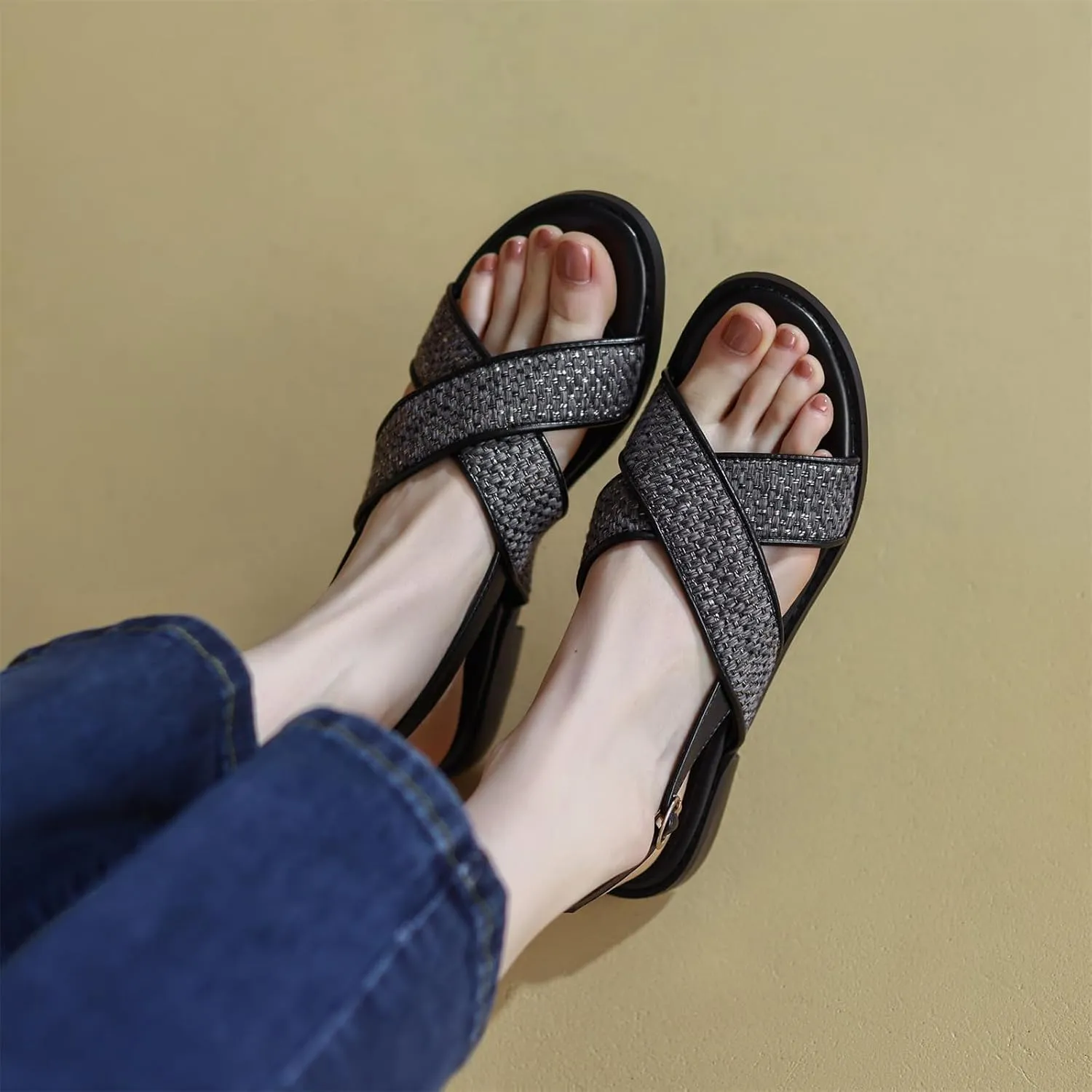 Women's Hollow Woven Fisherman Sandals Pull-On Summer Fashion Adjustable Buckle Slingback Cross Strap Rome Flats Comfortable Low Chunky Heel Casual Dress Shopping Daily Wear Shoes