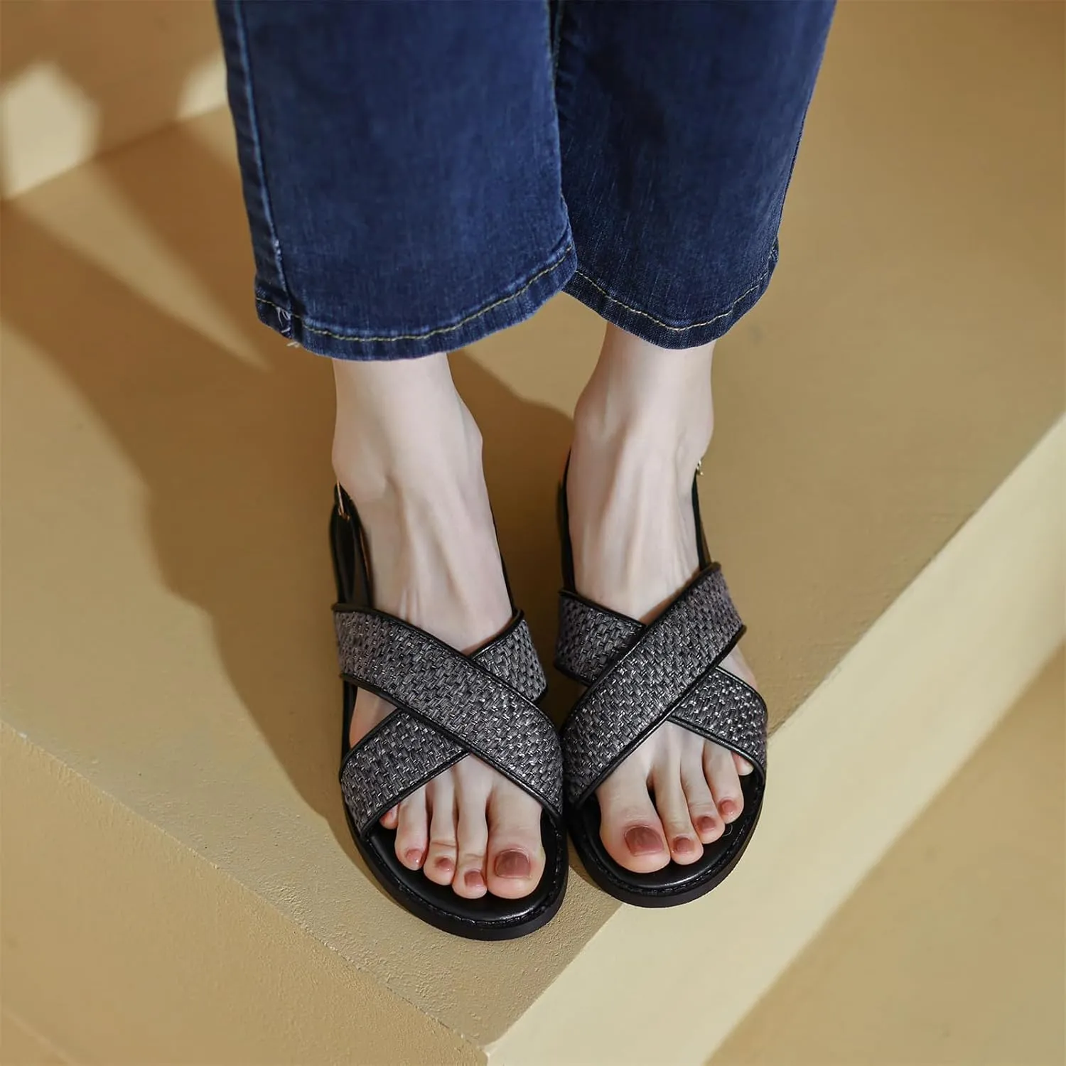 Women's Hollow Woven Fisherman Sandals Pull-On Summer Fashion Adjustable Buckle Slingback Cross Strap Rome Flats Comfortable Low Chunky Heel Casual Dress Shopping Daily Wear Shoes