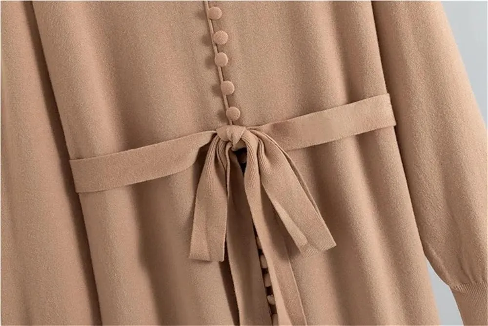 Women's Korean Knit Dress Elegant V-Neck Long Sleeve Solid Color Casual Lounge Dress