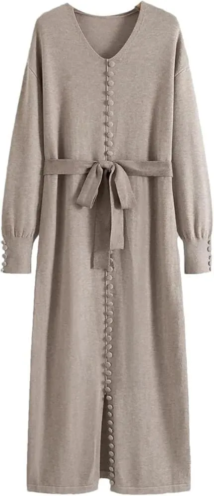 Women's Korean Knit Dress Elegant V-Neck Long Sleeve Solid Color Casual Lounge Dress