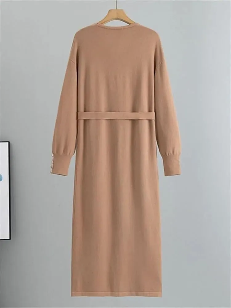 Women's Korean Knit Dress Elegant V-Neck Long Sleeve Solid Color Casual Lounge Dress