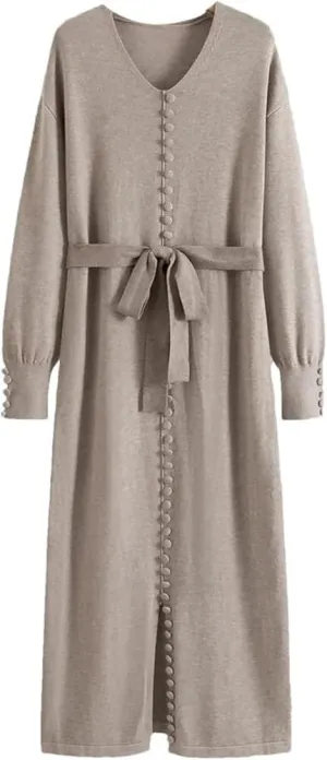 Women's Korean Knit Dress Elegant V-Neck Long Sleeve Solid Color Casual Lounge Dress