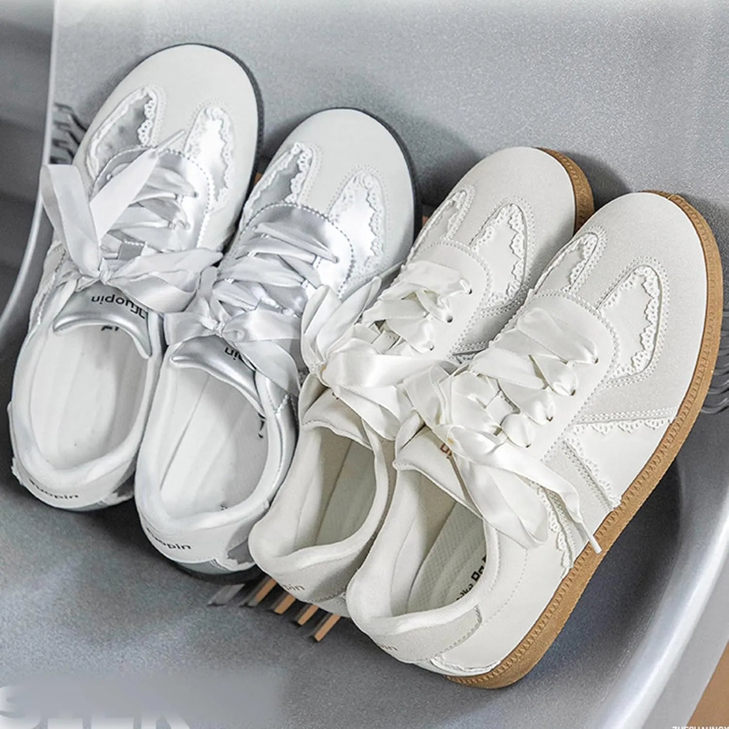 Women’s Lace Detail Casual Sneakers with Lace Border Walking Shoes Ribbon Tie Ballet Flats Shoes Y2K Retro Shoes