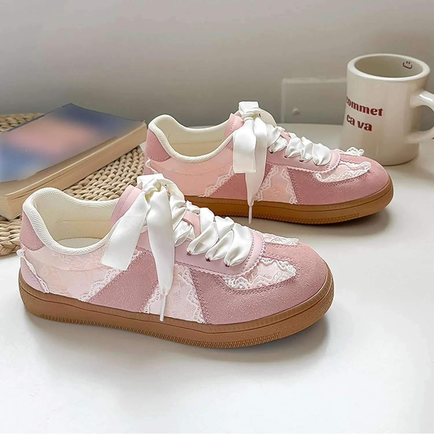 Women’s Lace Detail Casual Sneakers with Lace Border Walking Shoes Ribbon Tie Ballet Flats Shoes Y2K Retro Shoes