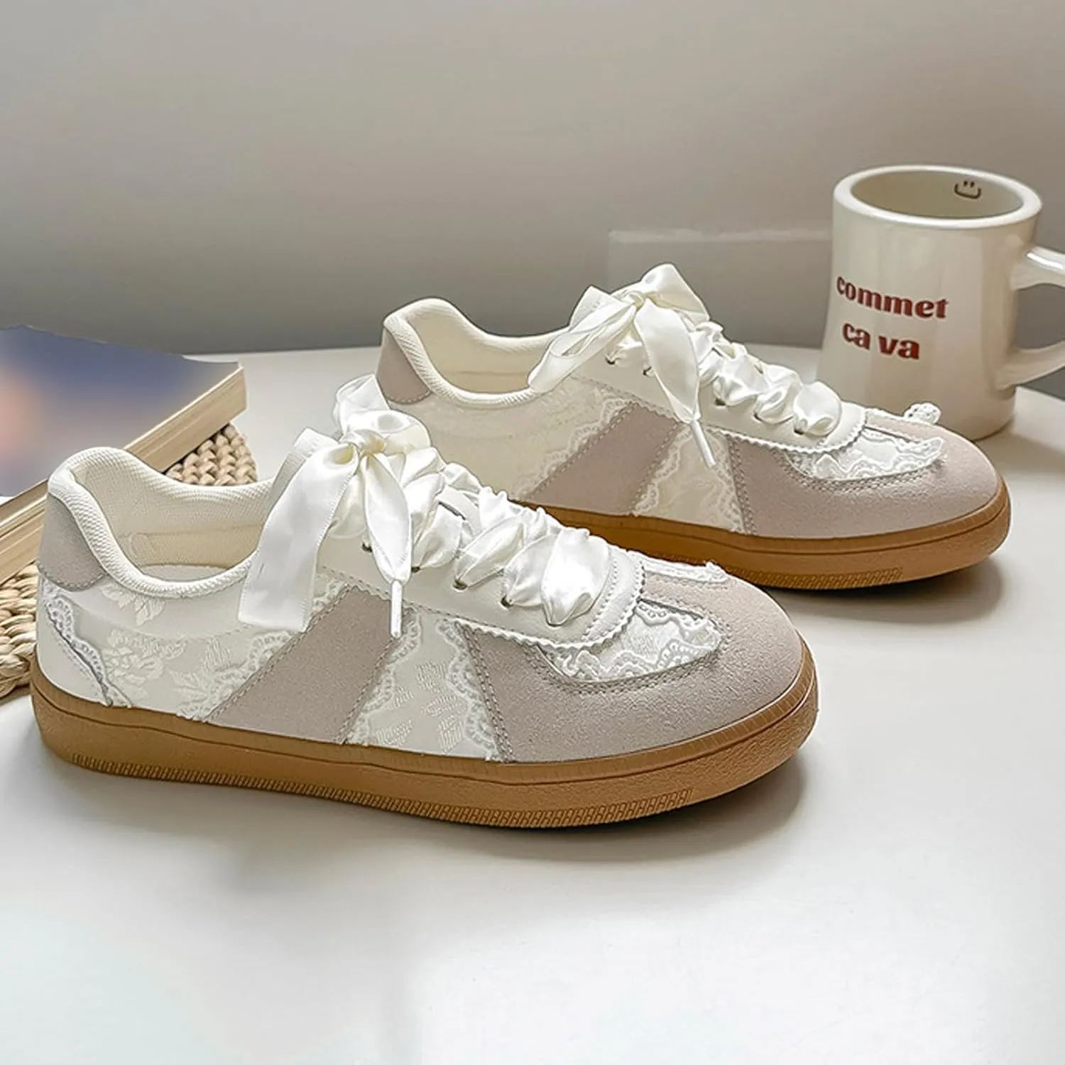 Women’s Lace Detail Casual Sneakers with Lace Border Walking Shoes Ribbon Tie Ballet Flats Shoes Y2K Retro Shoes