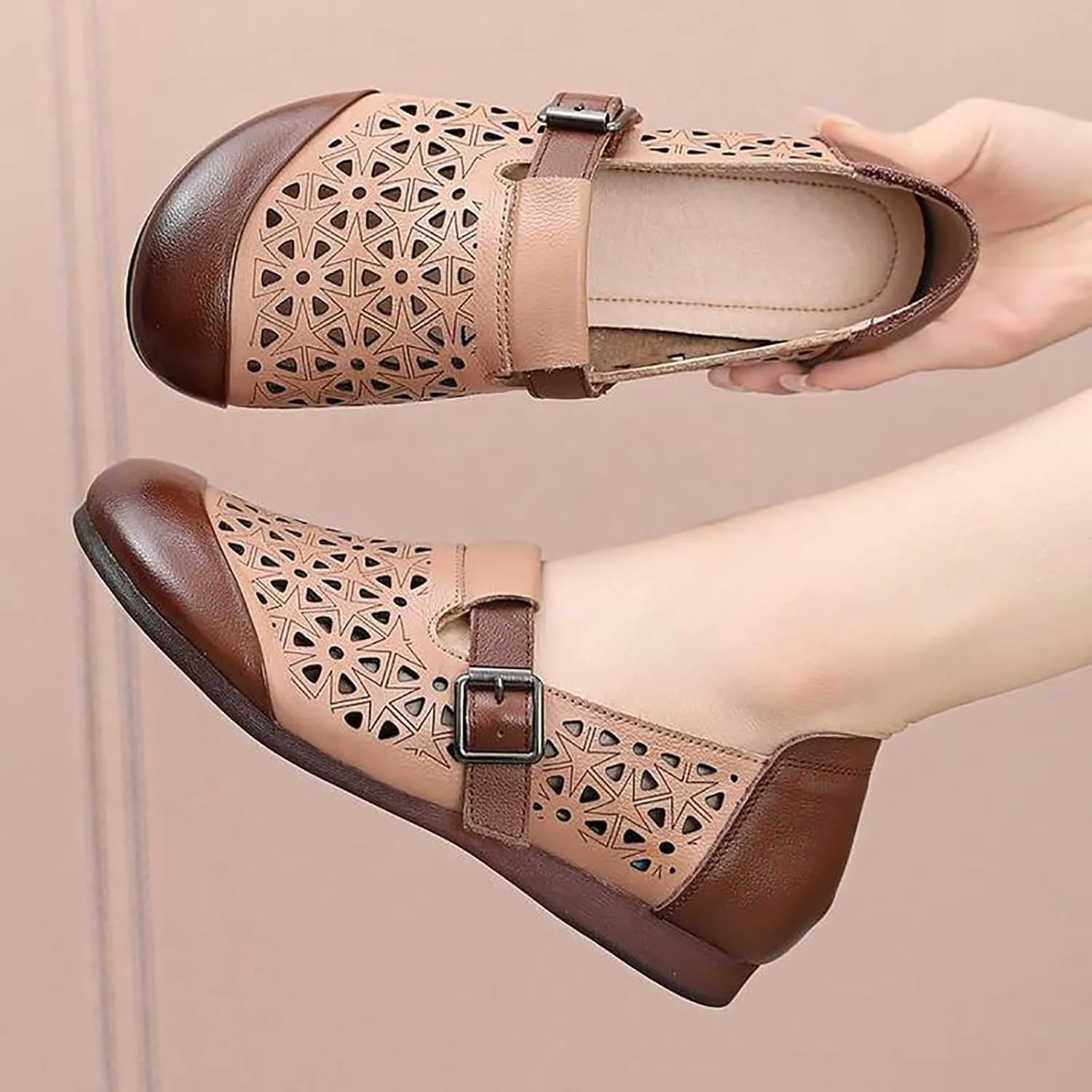 Women's Leather Hollow Flats Loafers,Fashion Side Adjustable Buckle Slip On Comfortable Lightweight Causal Sandals Round Toe Driving Walking Shoe Elegant Soft Sole Mom Shoes