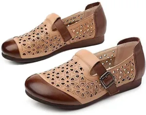 Women's Leather Hollow Flats Loafers,Fashion Side Adjustable Buckle Slip On Comfortable Lightweight Causal Sandals Round Toe Driving Walking Shoe Elegant Soft Sole Mom Shoes