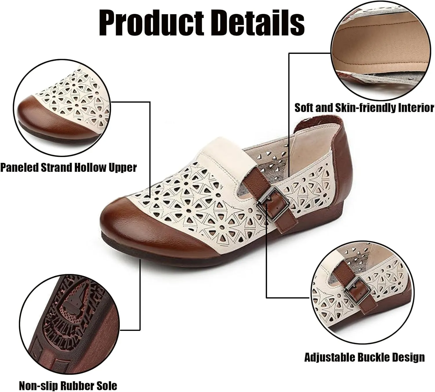 Women's Leather Hollow Flats Loafers,Fashion Side Adjustable Buckle Slip On Comfortable Lightweight Causal Sandals Round Toe Driving Walking Shoe Elegant Soft Sole Mom Shoes