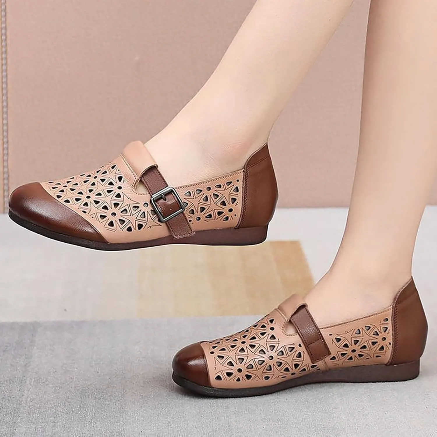 Women's Leather Hollow Flats Loafers,Fashion Side Adjustable Buckle Slip On Comfortable Lightweight Causal Sandals Round Toe Driving Walking Shoe Elegant Soft Sole Mom Shoes