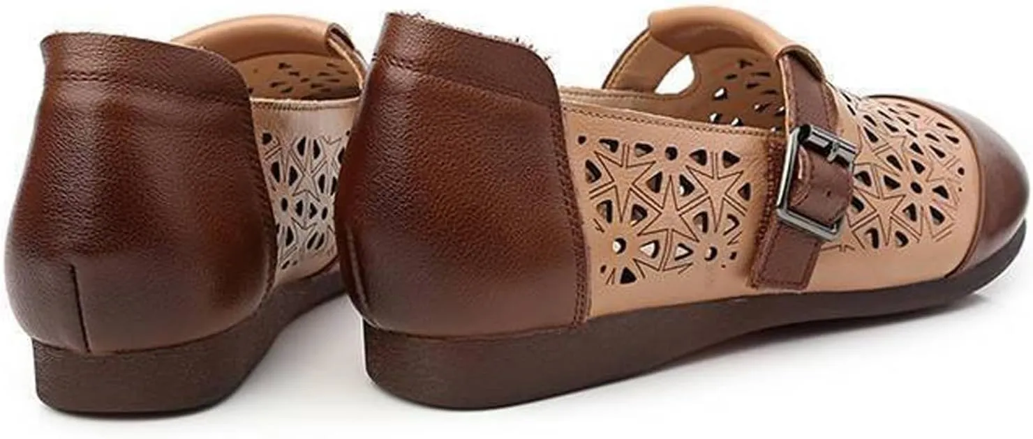 Women's Leather Hollow Flats Loafers,Fashion Side Adjustable Buckle Slip On Comfortable Lightweight Causal Sandals Round Toe Driving Walking Shoe Elegant Soft Sole Mom Shoes