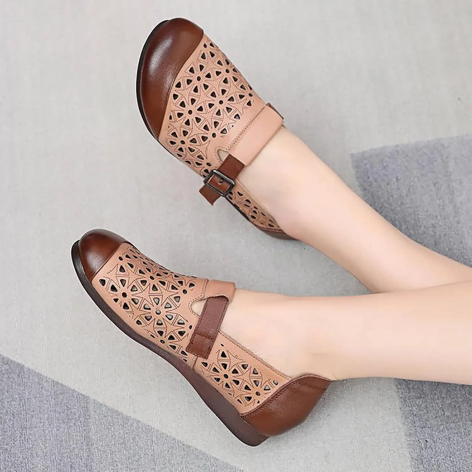 Women's Leather Hollow Flats Loafers,Fashion Side Adjustable Buckle Slip On Comfortable Lightweight Causal Sandals Round Toe Driving Walking Shoe Elegant Soft Sole Mom Shoes