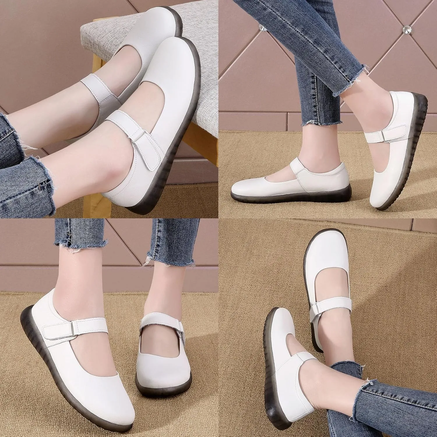 Women's Leather Mary Jane Flats with Adjustable Hook and Loop Closure Round Toe Casual Comfortable Slip On Soft Sole Ballet Flats Lightweight Mom Walking Shoes