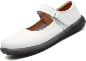 Women's Leather Mary Jane Flats with Adjustable Hook and Loop Closure Round Toe Casual Comfortable Slip On Soft Sole Ballet Flats Lightweight Mom Walking Shoes