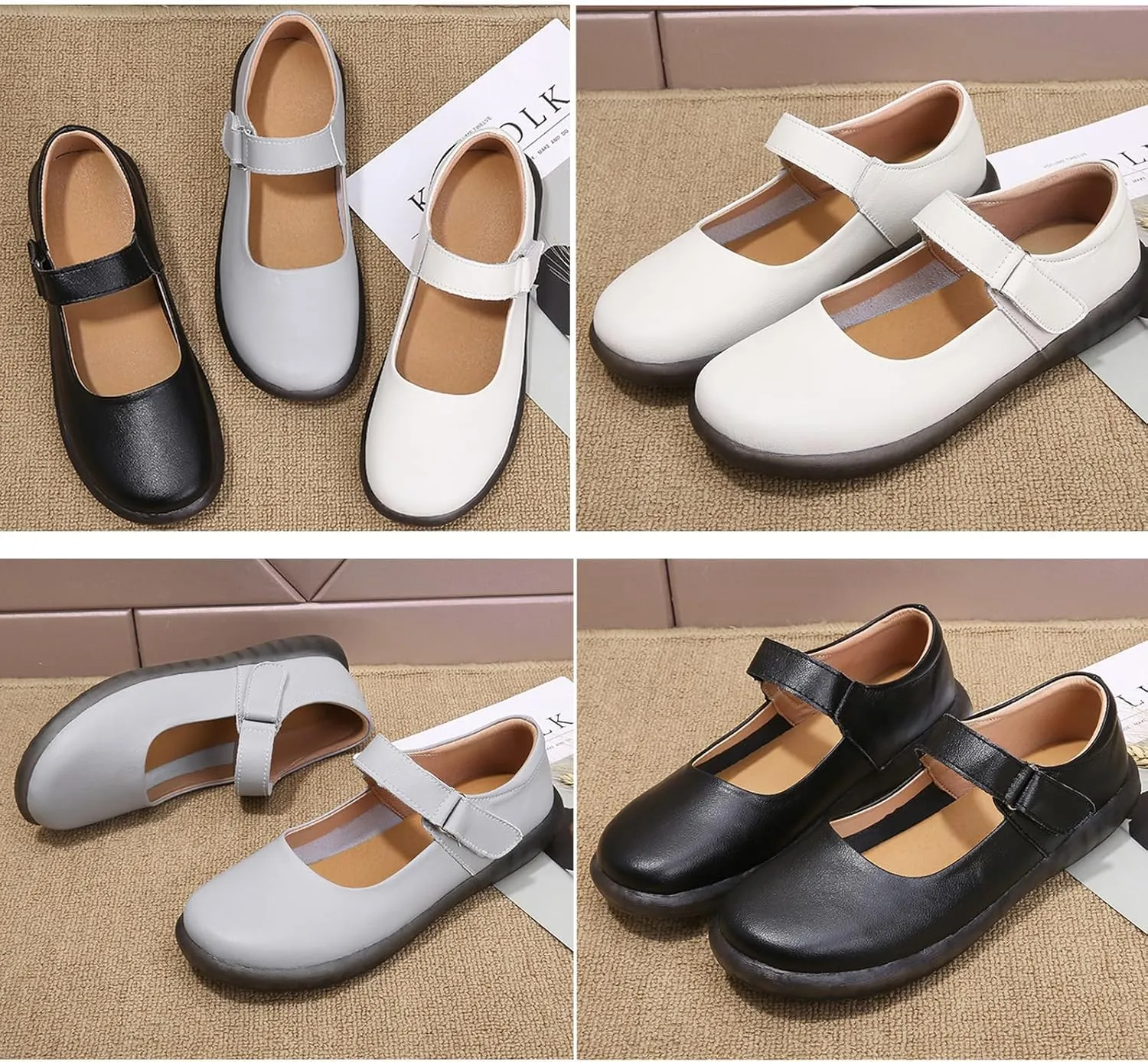 Women's Leather Mary Jane Flats with Adjustable Hook and Loop Closure Round Toe Casual Comfortable Slip On Soft Sole Ballet Flats Lightweight Mom Walking Shoes
