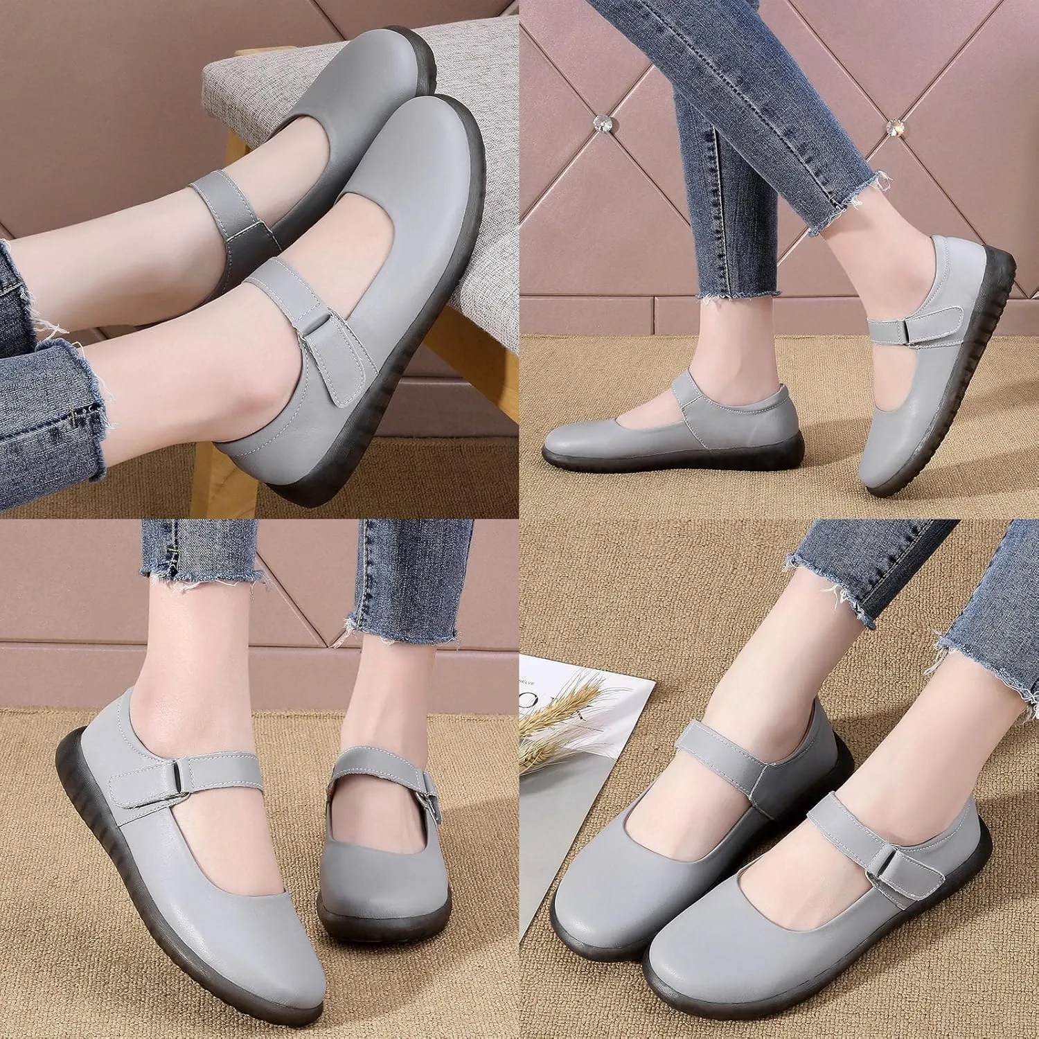 Women's Leather Mary Jane Flats with Adjustable Hook and Loop Closure Round Toe Casual Comfortable Slip On Soft Sole Ballet Flats Lightweight Mom Walking Shoes