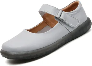 Women's Leather Mary Jane Flats with Adjustable Hook and Loop Closure Round Toe Casual Comfortable Slip On Soft Sole Ballet Flats Lightweight Mom Walking Shoes