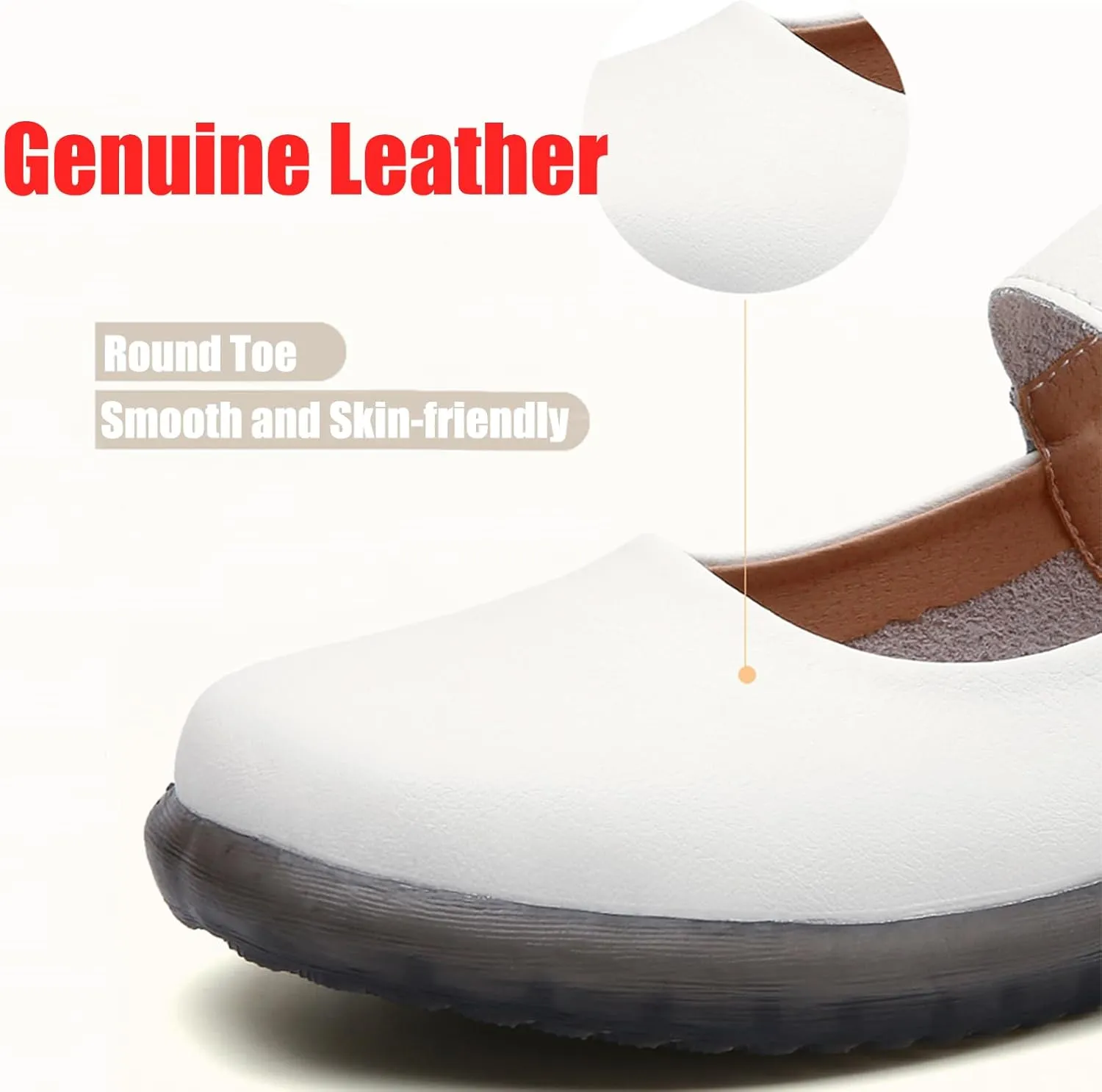Women's Leather Mary Jane Flats with Adjustable Hook and Loop Closure Round Toe Casual Comfortable Slip On Soft Sole Ballet Flats Lightweight Mom Walking Shoes