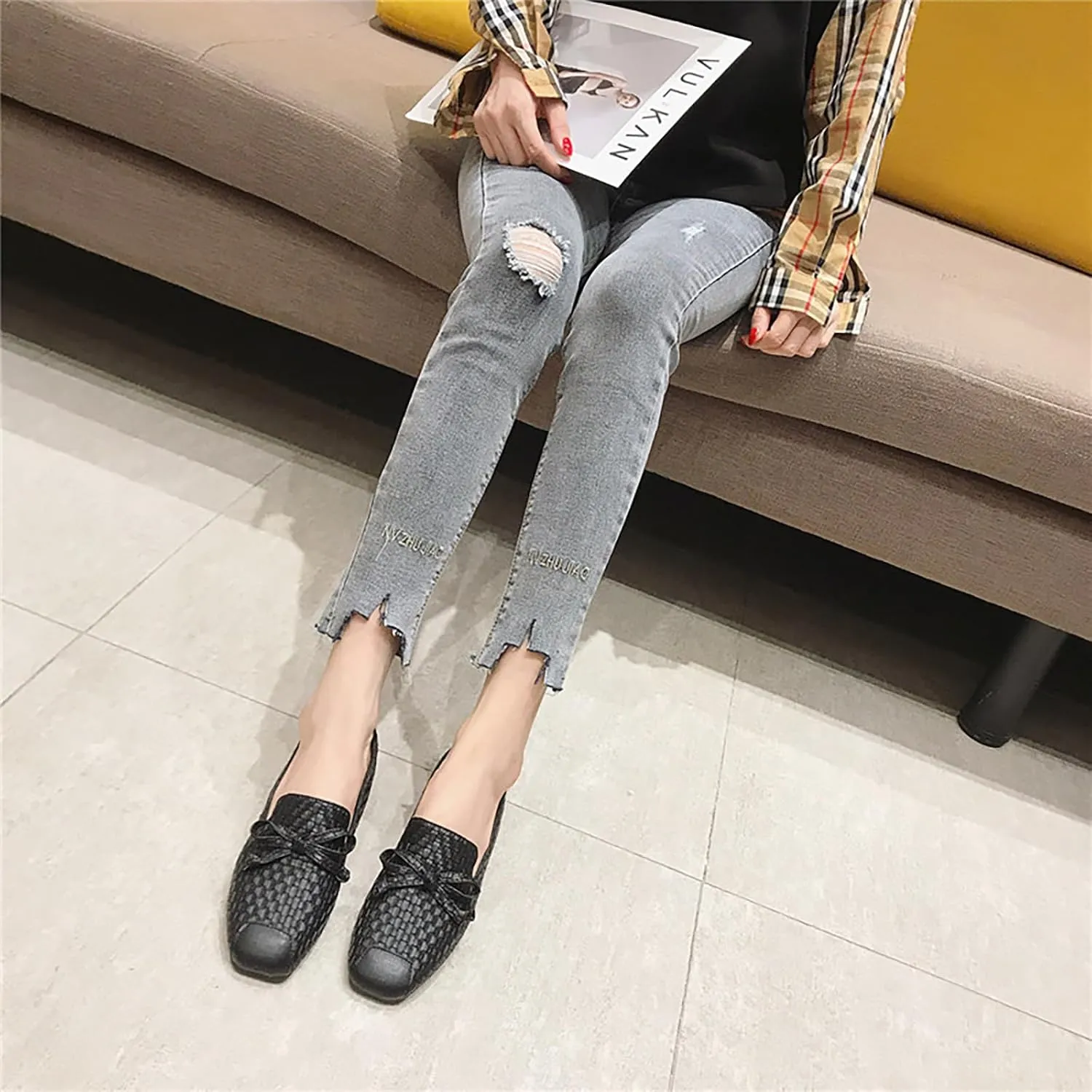Women's Leather Weave Bow Square Toe Flat Shoes Comfortable Slip On Closed Toe Flat Heel Ballet Casual Dressy Summer Everyday Walking Loafers