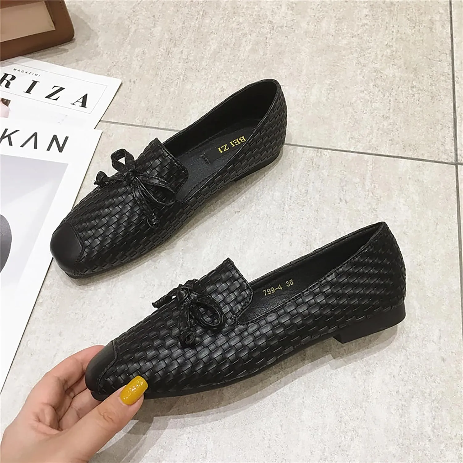 Women's Leather Weave Bow Square Toe Flat Shoes Comfortable Slip On Closed Toe Flat Heel Ballet Casual Dressy Summer Everyday Walking Loafers