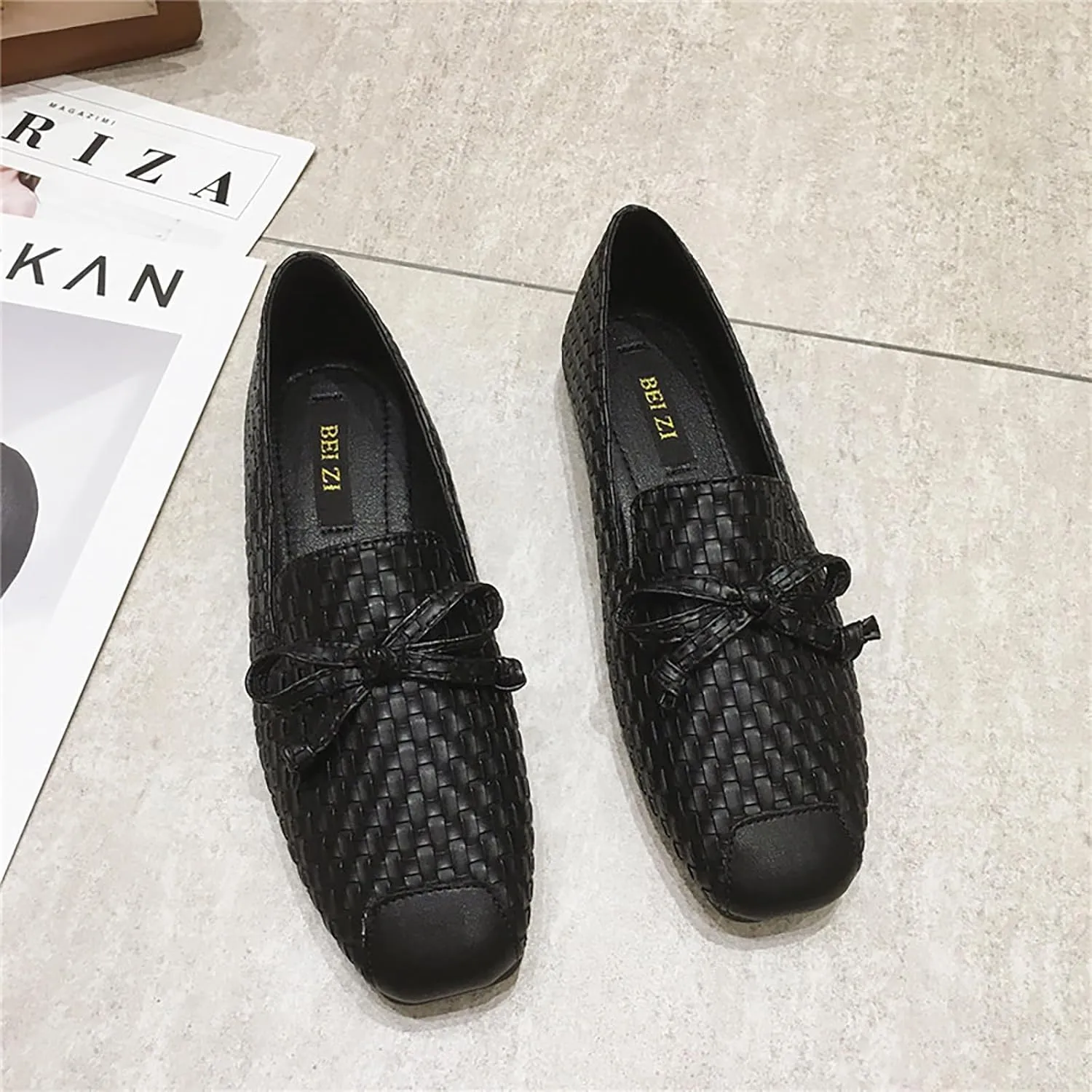 Women's Leather Weave Bow Square Toe Flat Shoes Comfortable Slip On Closed Toe Flat Heel Ballet Casual Dressy Summer Everyday Walking Loafers