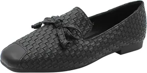 Women's Leather Weave Bow Square Toe Flat Shoes Comfortable Slip On Closed Toe Flat Heel Ballet Casual Dressy Summer Everyday Walking Loafers