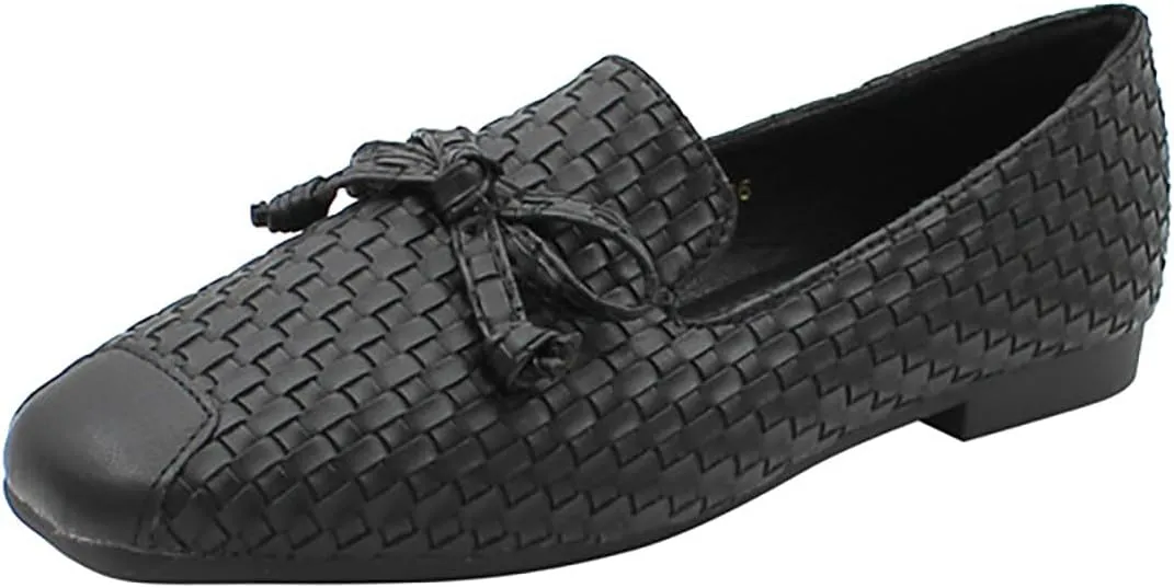 Women's Leather Weave Bow Square Toe Flat Shoes Comfortable Slip On Closed Toe Flat Heel Ballet Casual Dressy Summer Everyday Walking Loafers
