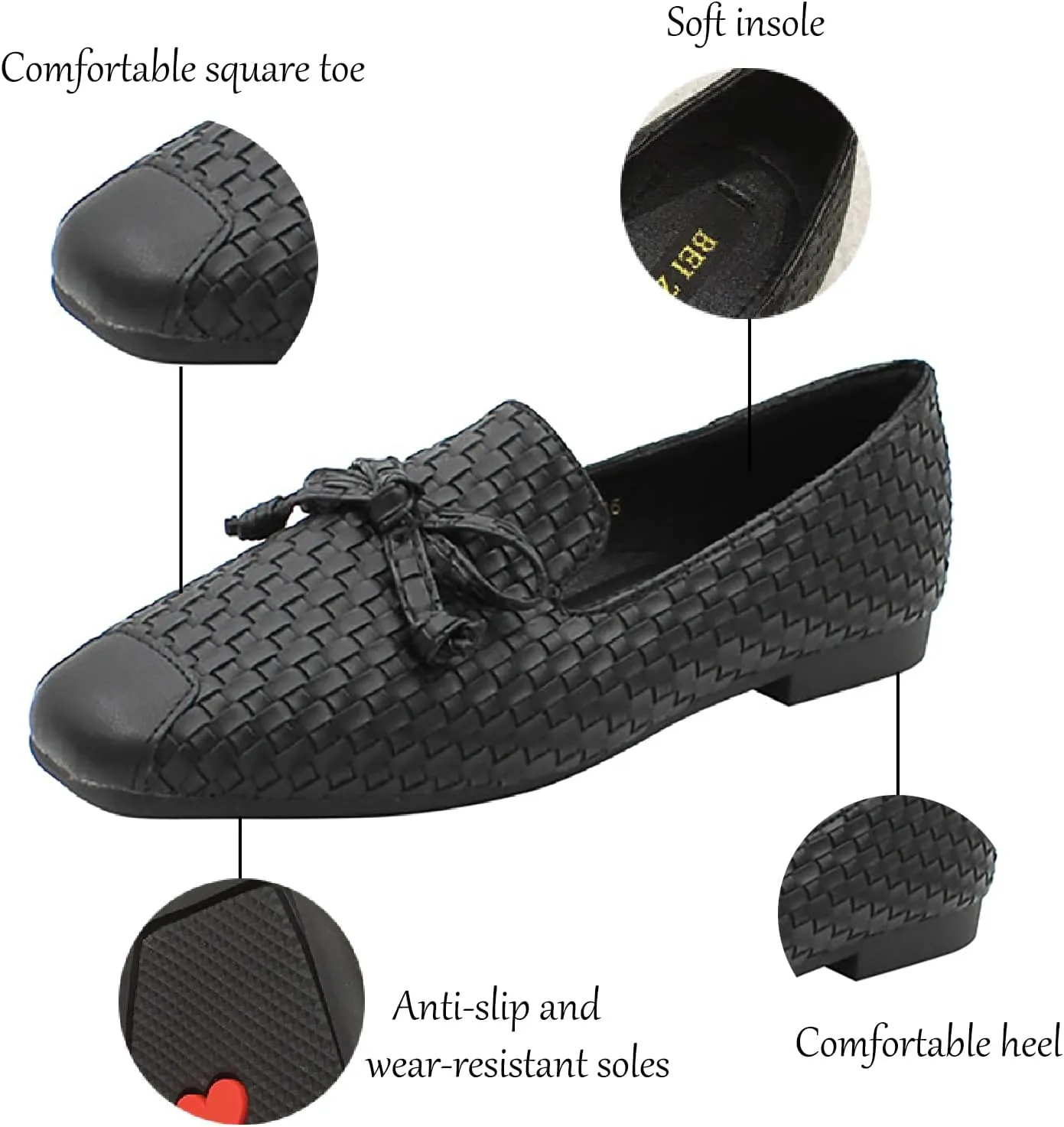 Women's Leather Weave Bow Square Toe Flat Shoes Comfortable Slip On Closed Toe Flat Heel Ballet Casual Dressy Summer Everyday Walking Loafers
