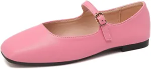 Women's Mary Jane Ballet Flats, Pink Leather, Square Toe, Buckle Strap