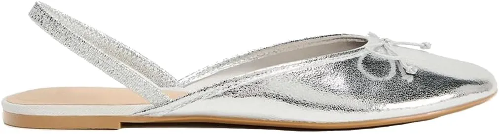 Women's Metallic Bow Slingback Ballet Flats 0.6 Inch Sole Height Comfortable Ballerina Shoes