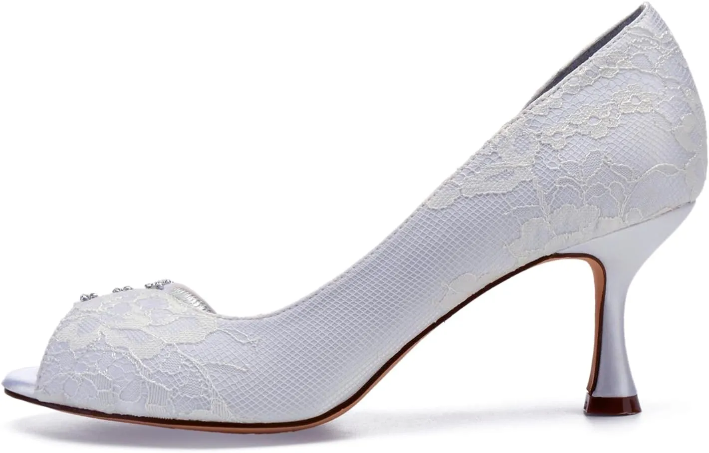 Women's Mid Heel Dress Pumps Peep Toe Wedding Party Shoes Slip on Bridal Shoes Lace Rhinestone Court Shoes