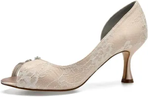 Women's Mid Heel Dress Pumps Peep Toe Wedding Party Shoes Slip on Bridal Shoes Lace Rhinestone Court Shoes