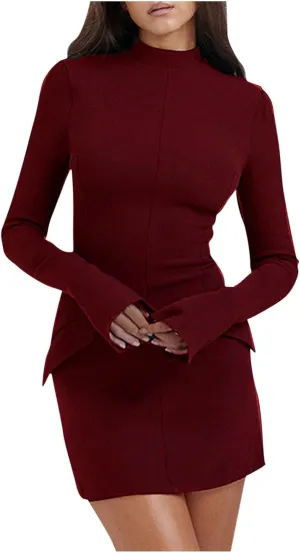 Women's Mini Dresses Business Formal Ruched Tight Fit Flowy Lightweight Basic Casual Dress Long Sleeve Fall Dresses