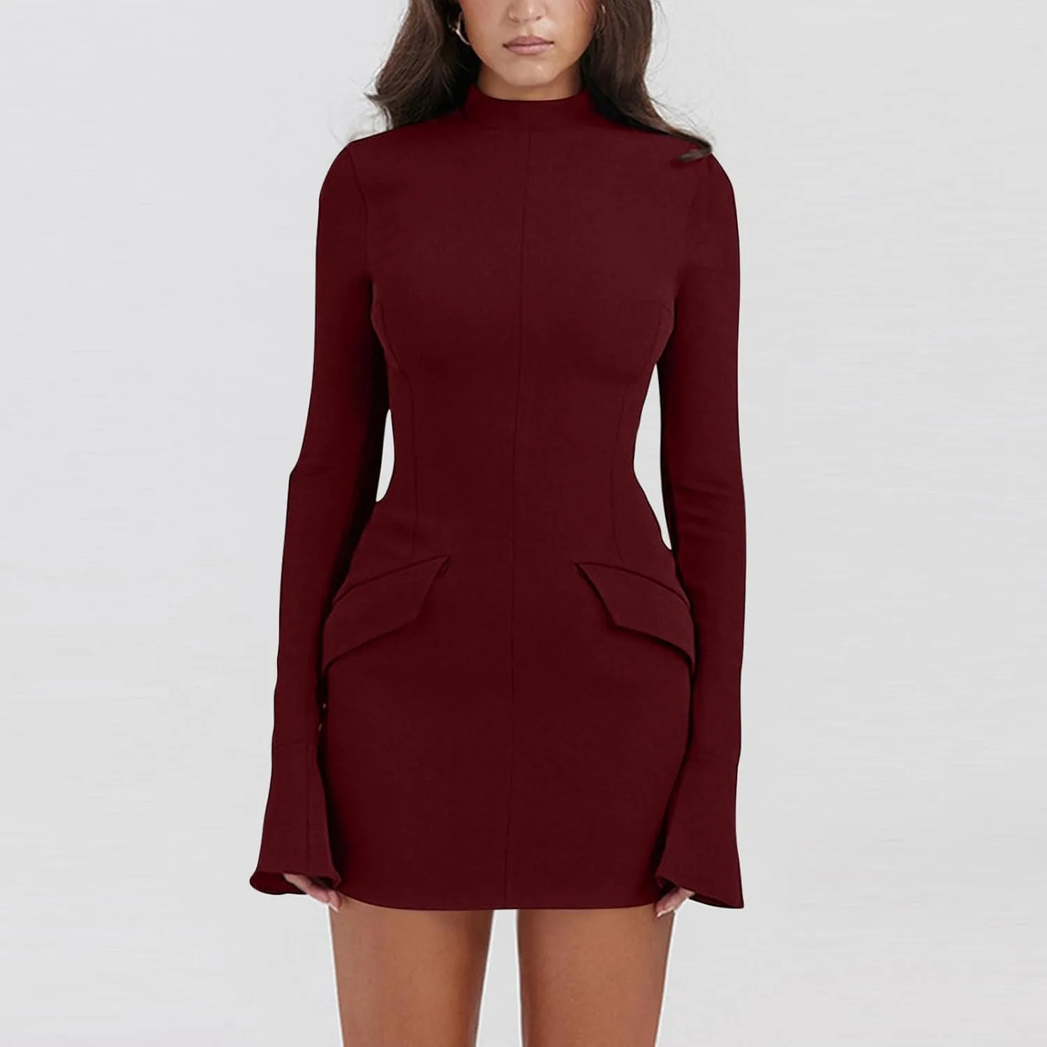 Women's Mini Dresses Business Formal Ruched Tight Fit Flowy Lightweight Basic Casual Dress Long Sleeve Fall Dresses
