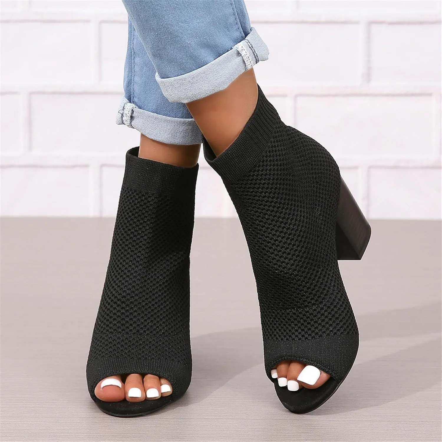Womens Open Toe Knit Chunky Block Heels Sandal Summer Casual Slip On Breathable Sock Boots Fashion High Heel Booties for Women