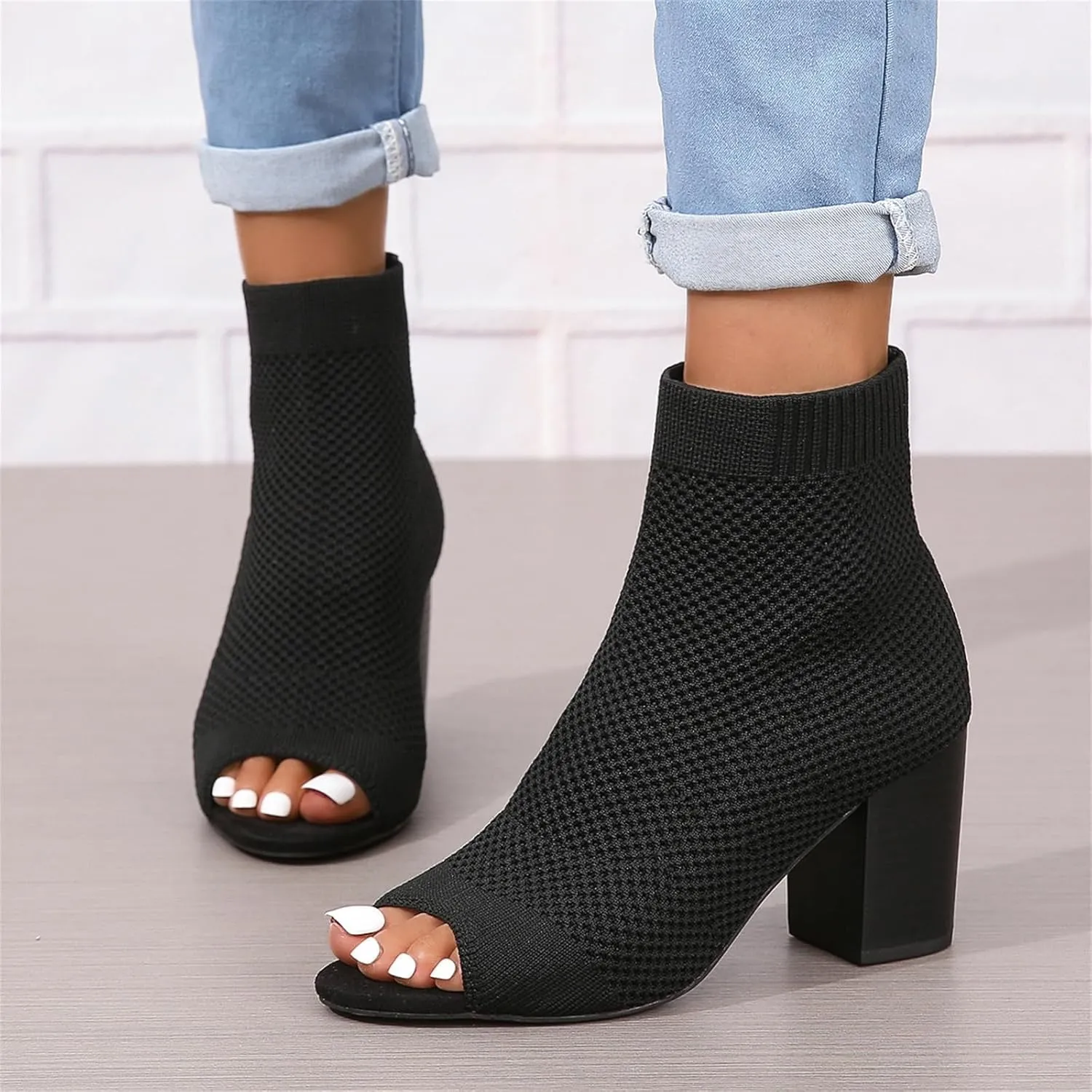 Womens Open Toe Knit Chunky Block Heels Sandal Summer Casual Slip On Breathable Sock Boots Fashion High Heel Booties for Women