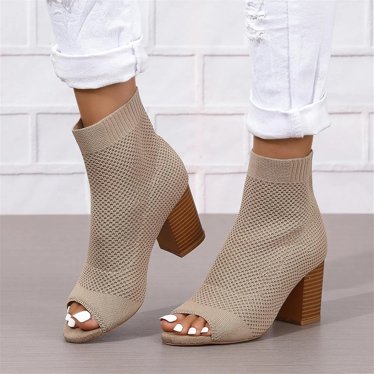 Womens Open Toe Knit Chunky Block Heels Sandal Summer Casual Slip On Breathable Sock Boots Fashion High Heel Booties for Women