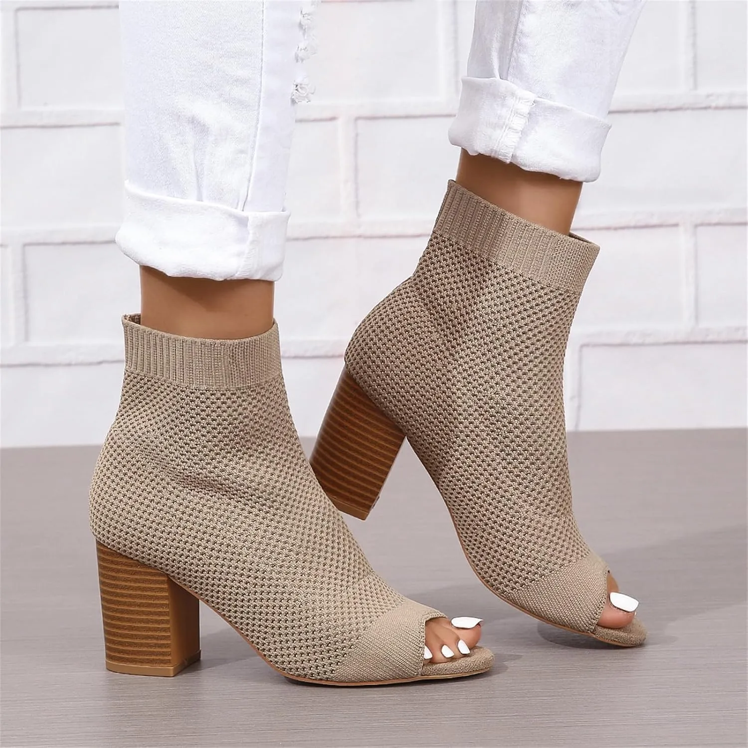 Womens Open Toe Knit Chunky Block Heels Sandal Summer Casual Slip On Breathable Sock Boots Fashion High Heel Booties for Women