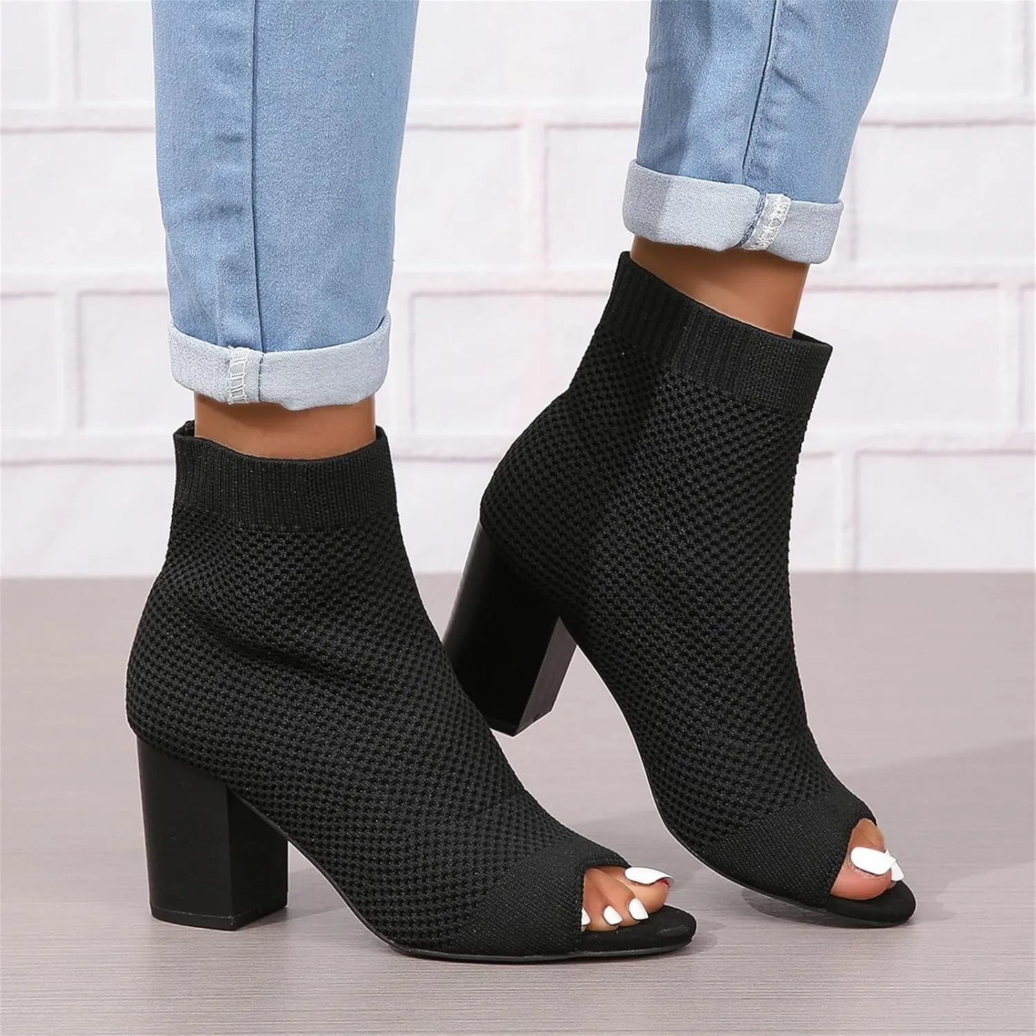 Womens Open Toe Knit Chunky Block Heels Sandal Summer Casual Slip On Breathable Sock Boots Fashion High Heel Booties for Women