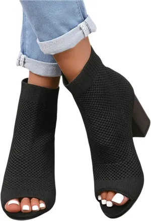 Womens Open Toe Knit Chunky Block Heels Sandal Summer Casual Slip On Breathable Sock Boots Fashion High Heel Booties for Women