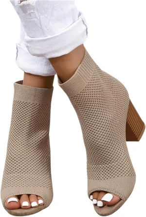 Womens Open Toe Knit Chunky Block Heels Sandal Summer Casual Slip On Breathable Sock Boots Fashion High Heel Booties for Women