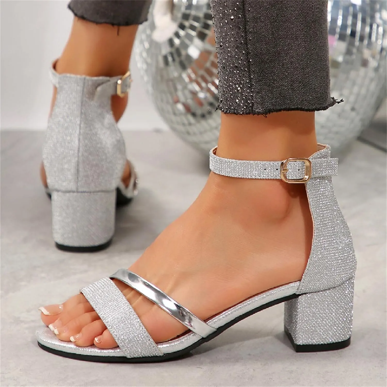 Women's Open Toe Rhinestones Heeled Sandals Ankle Strap Buckle Low Block Chunky Sparkly Heels Party Prom Dress Pumps Shoes