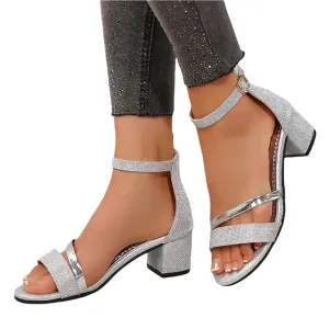 Women's Open Toe Rhinestones Heeled Sandals Ankle Strap Buckle Low Block Chunky Sparkly Heels Party Prom Dress Pumps Shoes