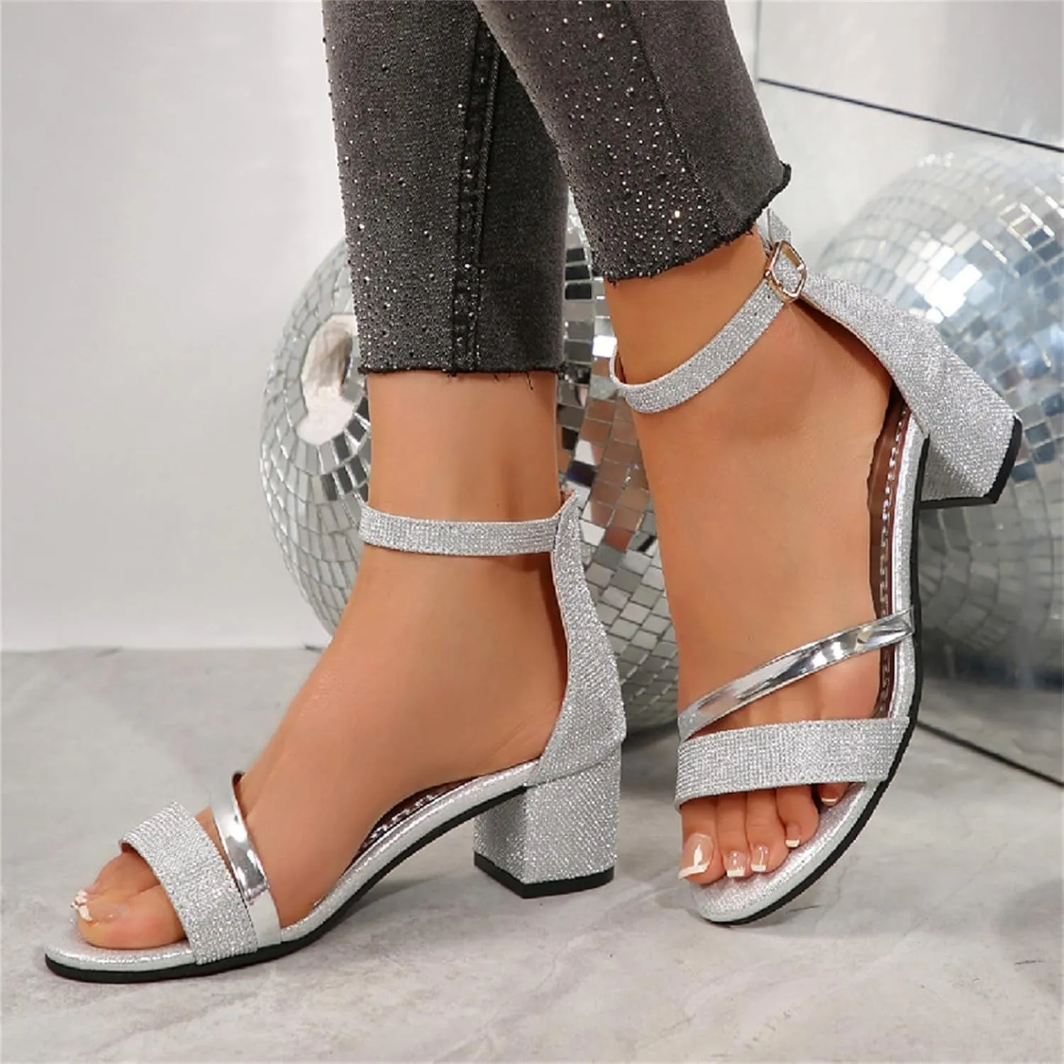 Women's Open Toe Rhinestones Heeled Sandals Ankle Strap Buckle Low Block Chunky Sparkly Heels Party Prom Dress Pumps Shoes