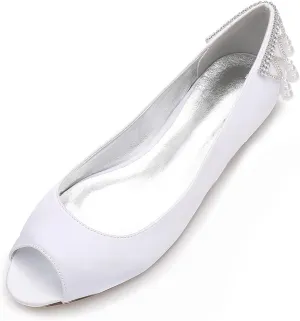 Women's Peep Toe Pumps Pearl Satin Wedding Shoes for Bride Flats Bridal Shoes Formal Prom Party Dress Pumps Sandals