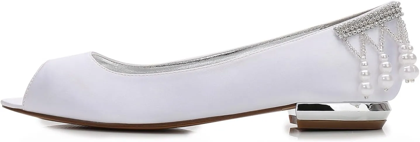 Women's Peep Toe Pumps Pearl Satin Wedding Shoes for Bride Flats Bridal Shoes Formal Prom Party Dress Pumps Sandals