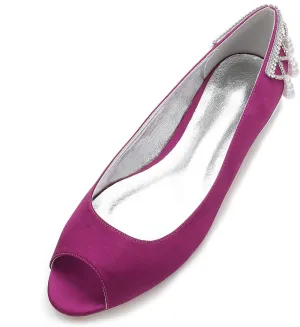 Women's Peep Toe Pumps Pearl Satin Wedding Shoes for Bride Flats Bridal Shoes Formal Prom Party Dress Pumps Sandals