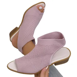 Womens Peep Toe Stacked Heeled Sandals Cutout Knit Slingback Low Block Heel Breathable Sandals Party Bride Work Dress Shoes