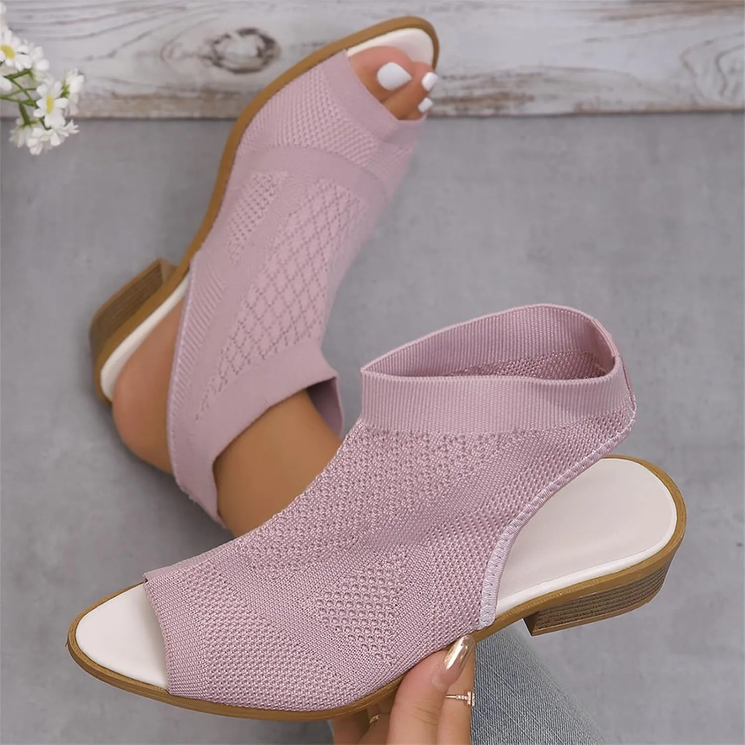 Womens Peep Toe Stacked Heeled Sandals Cutout Knit Slingback Low Block Heel Breathable Sandals Party Bride Work Dress Shoes