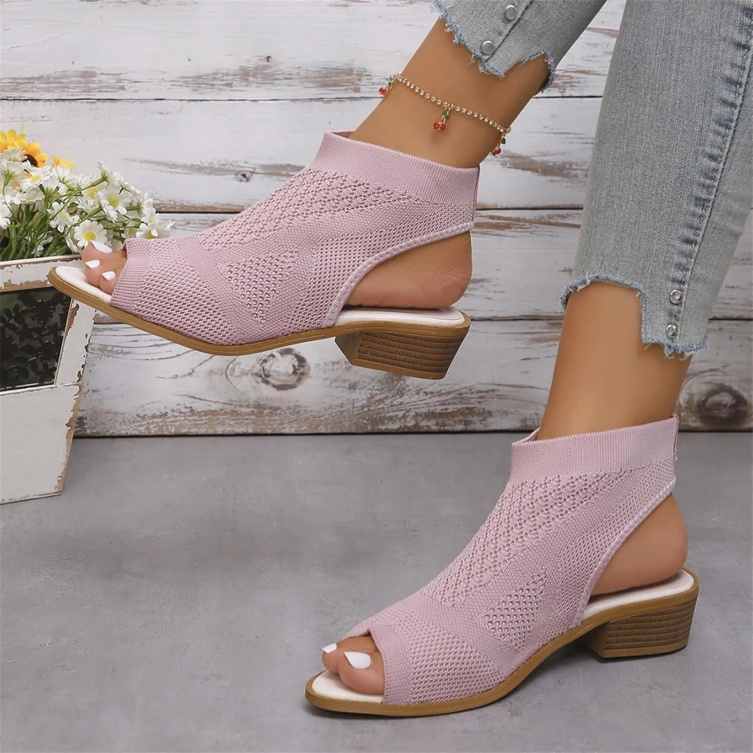 Womens Peep Toe Stacked Heeled Sandals Cutout Knit Slingback Low Block Heel Breathable Sandals Party Bride Work Dress Shoes