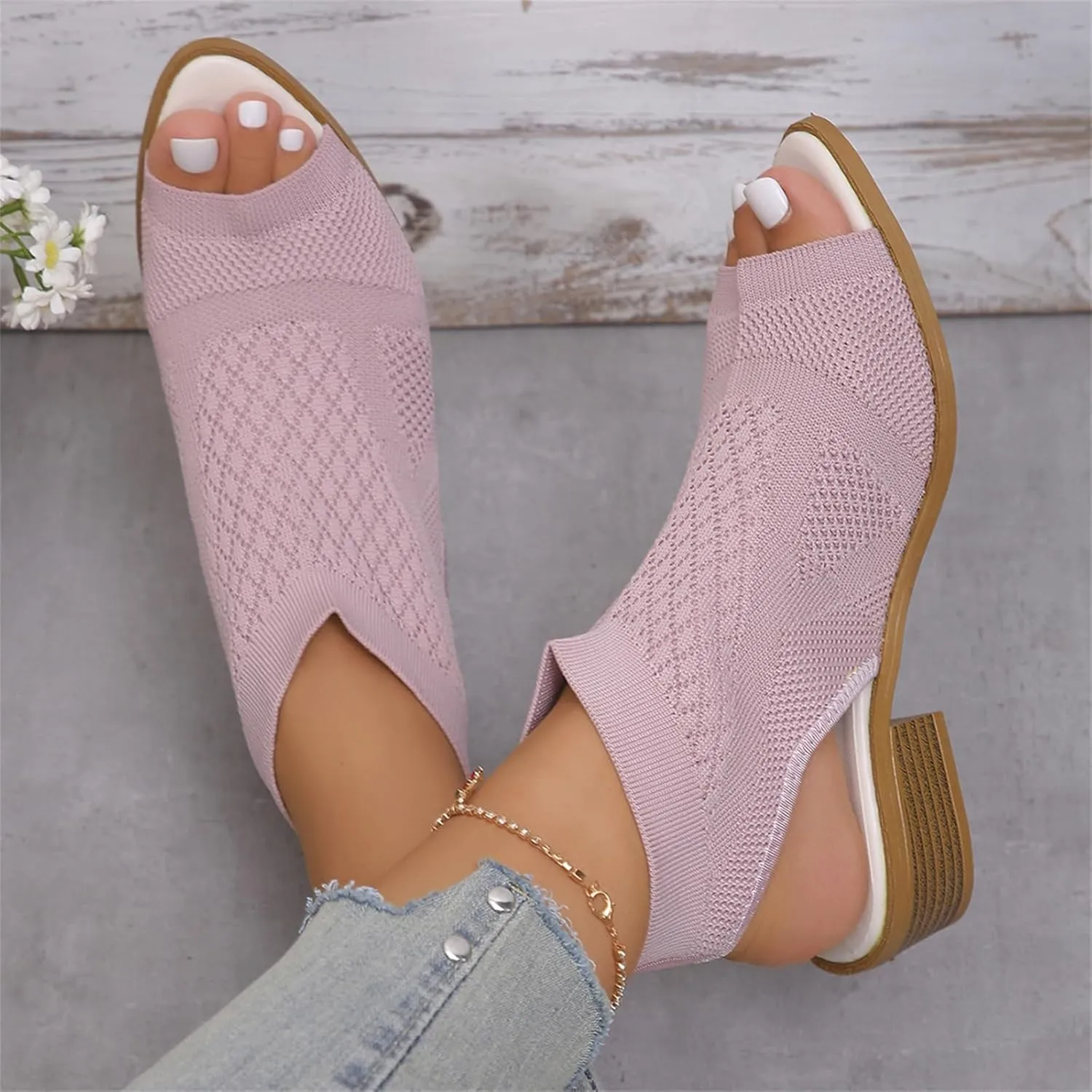Womens Peep Toe Stacked Heeled Sandals Cutout Knit Slingback Low Block Heel Breathable Sandals Party Bride Work Dress Shoes